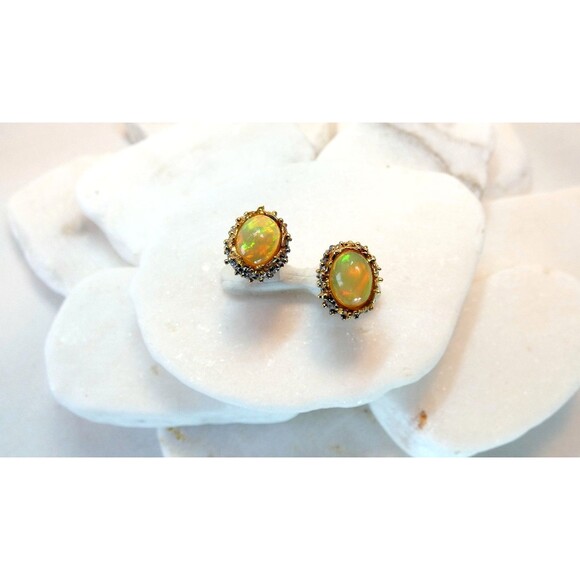 Natural Ethiopian Opal Sterling Silver-Gold Stud Earrings Yellows-Gold - Picture 4 of 4